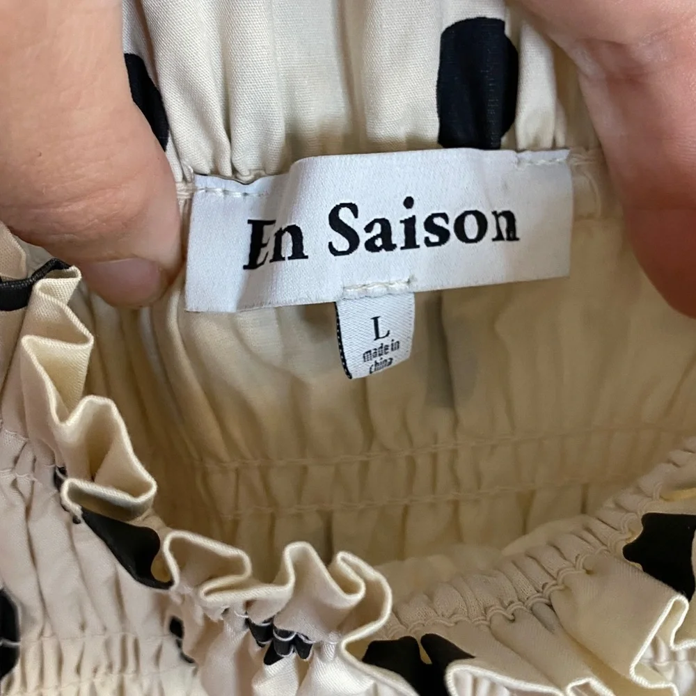 En Saison Black and Cream Polka Dot Midi Dress Smoked Tiered Cottagecore Large - Picture 4 of 8